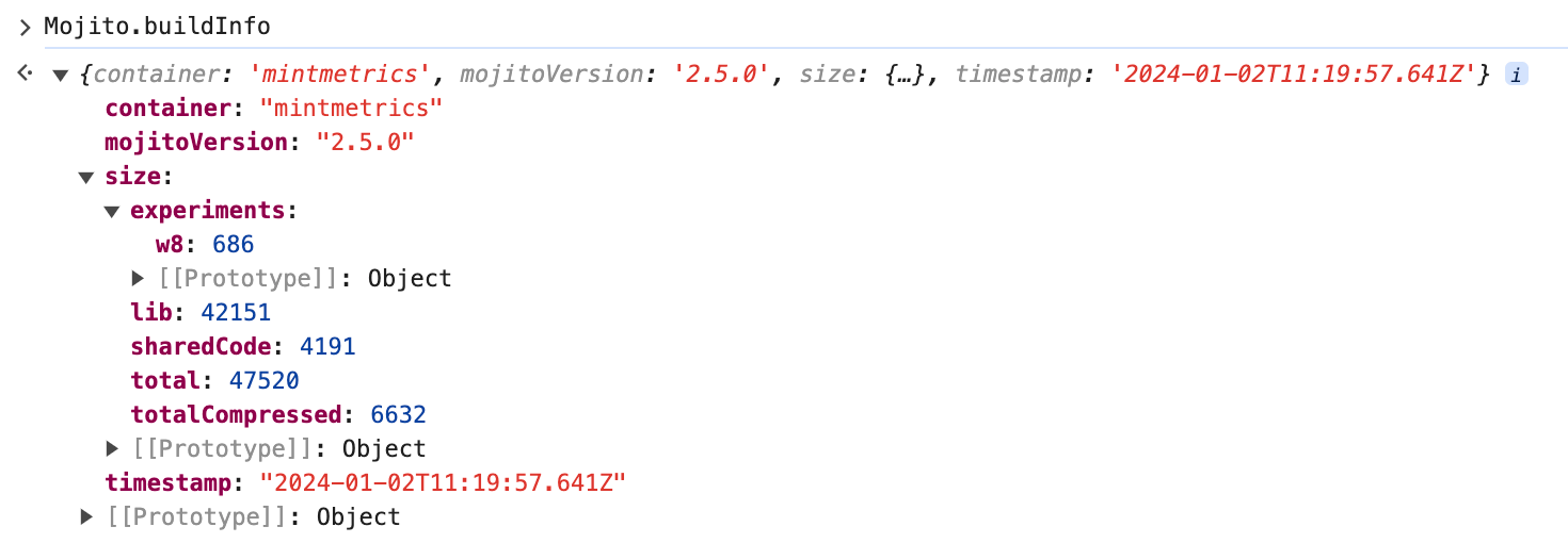 New build statistics in the Mojito.buildInfo key