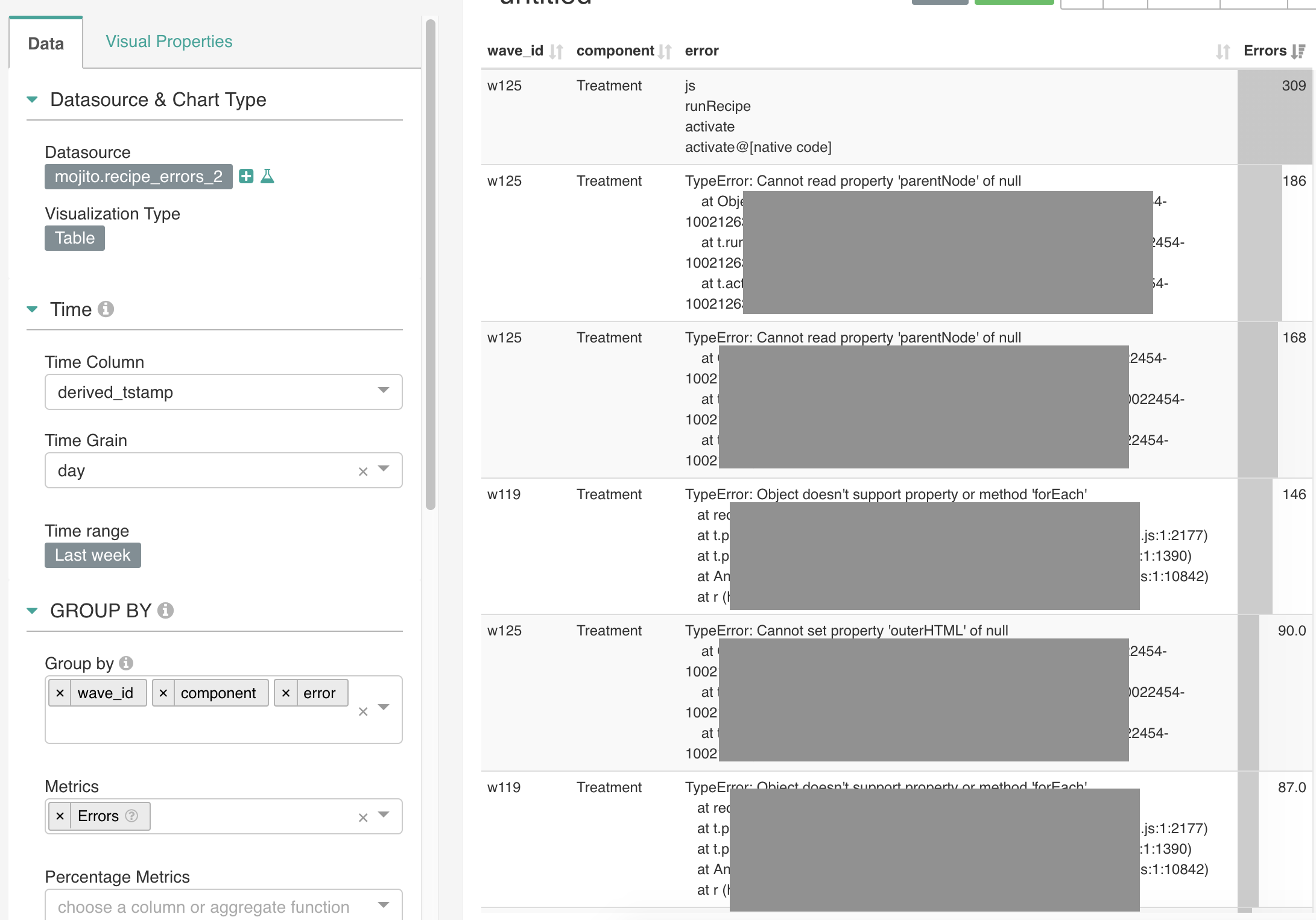 Error reporting table
