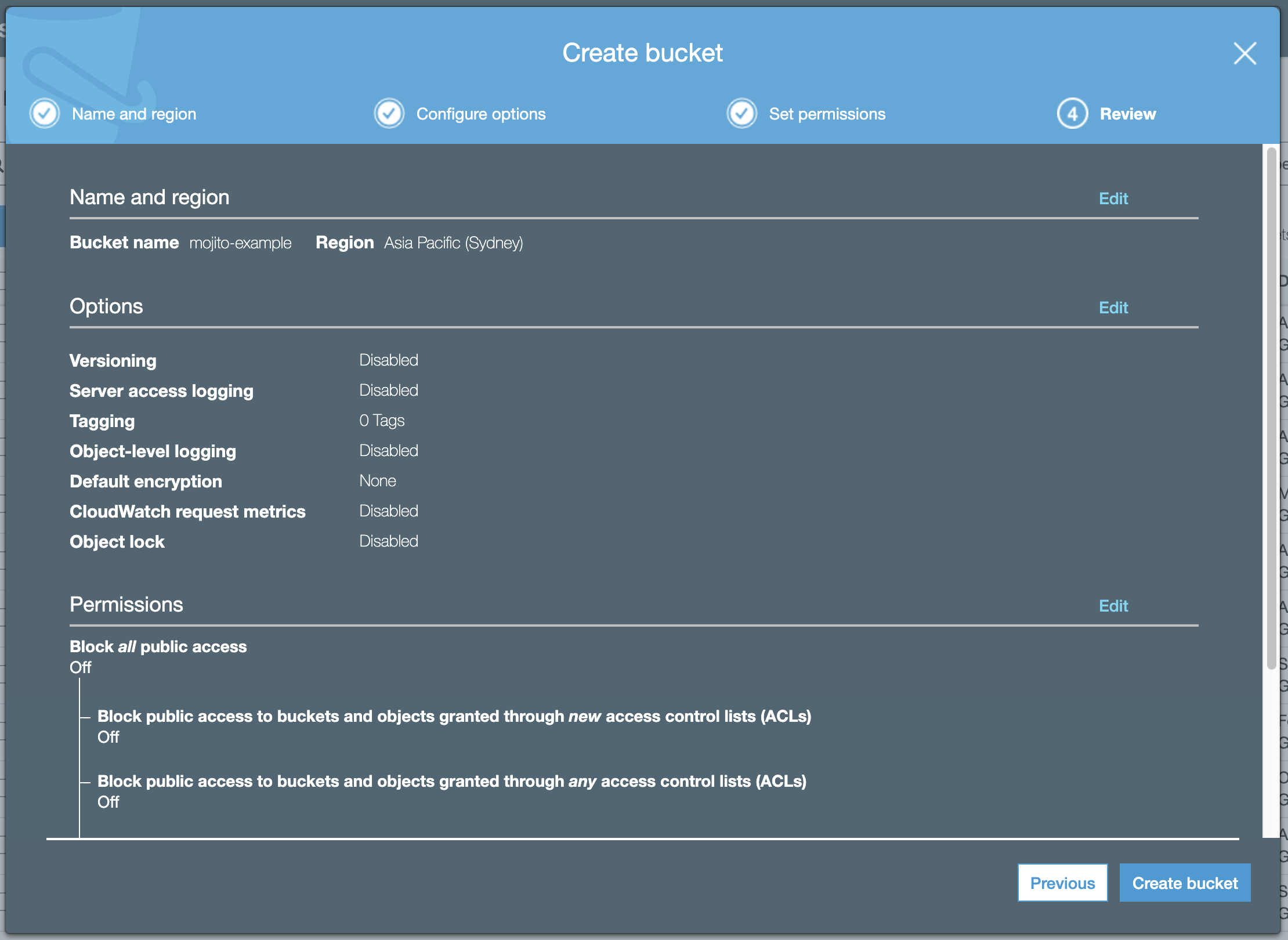 Review your settings and hit 'Create bucket' Step 5